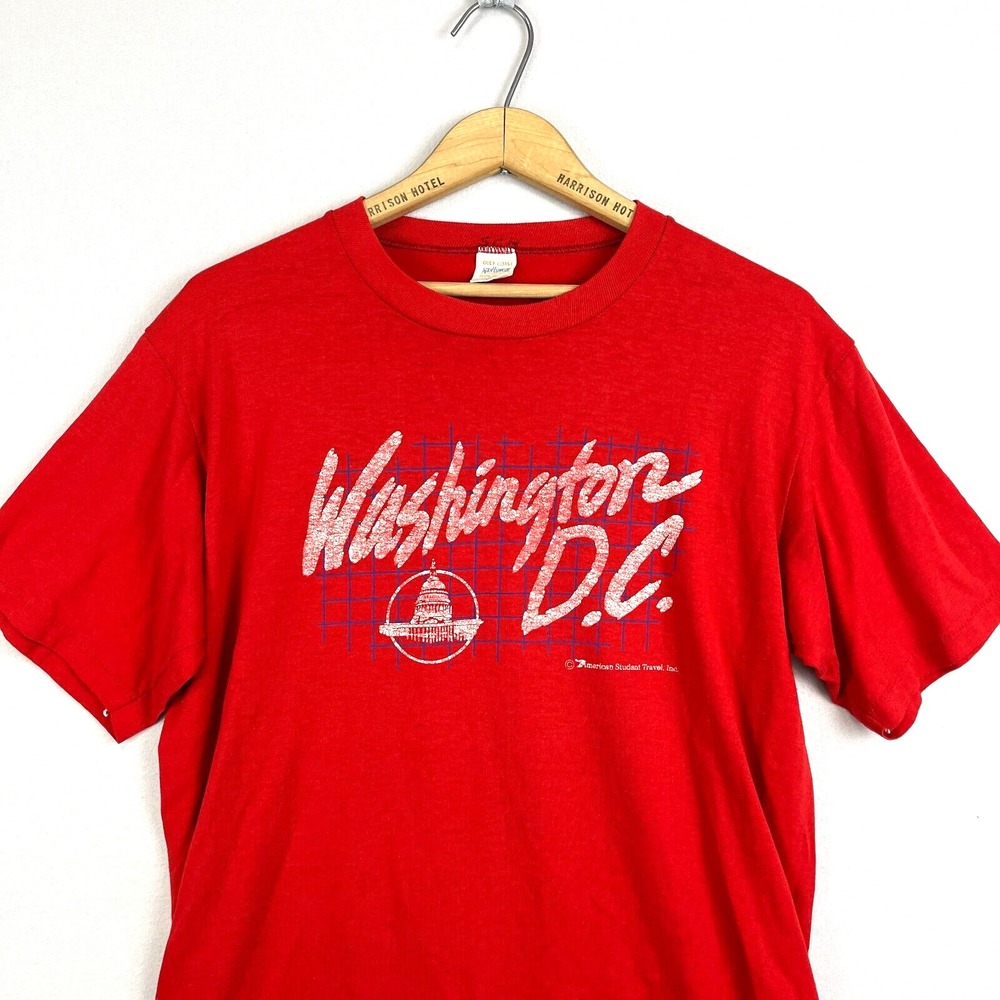 VINTAGE 1980s Shirt Single Stitch Washington DC Tee Adult Large Red Graphic Fade